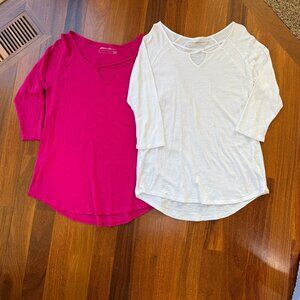 Two (2) Eddie Bauer Sz M 3/4 Sleeve T-shirts - Pink & White